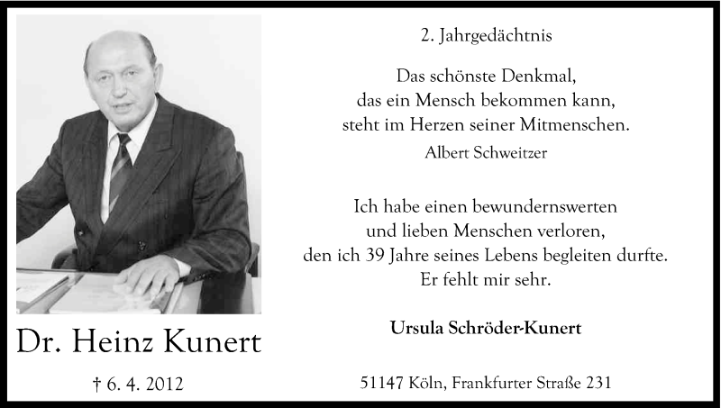  Traueranzeige für Heinz Kunert vom 05.04.2014 aus Kölner Stadt-Anzeiger / Kölnische Rundschau / Express