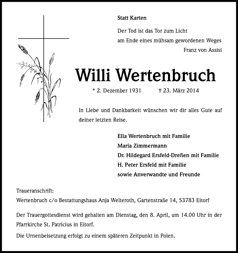  Traueranzeige für Willi Wertenbruch vom 02.04.2014 aus Kölner Stadt-Anzeiger / Kölnische Rundschau / Express