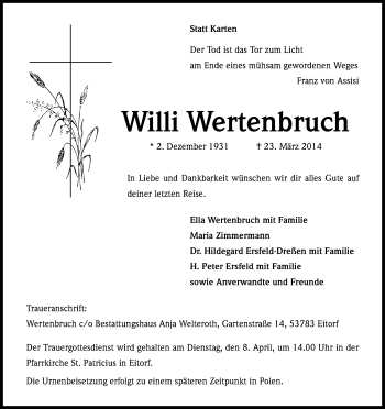 Anzeige von Willi Wertenbruch von Kölner Stadt-Anzeiger / Kölnische Rundschau / Express