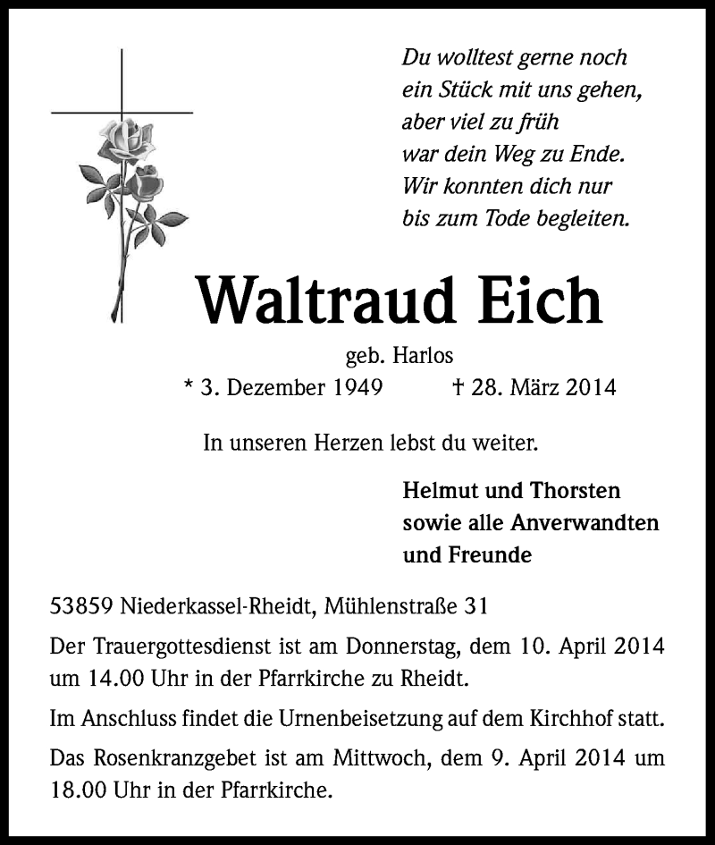  Traueranzeige für Waltraud Eich vom 02.04.2014 aus Kölner Stadt-Anzeiger / Kölnische Rundschau / Express