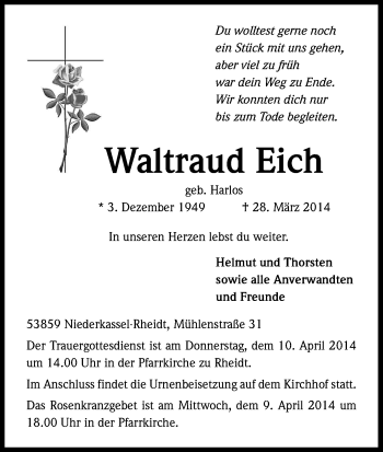 Anzeige von Waltraud Eich von Kölner Stadt-Anzeiger / Kölnische Rundschau / Express