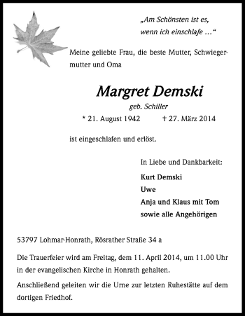 Anzeige von Margret Demski von Kölner Stadt-Anzeiger / Kölnische Rundschau / Express