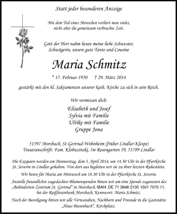 Anzeige von aria Schmitz von Kölner Stadt-Anzeiger / Kölnische Rundschau / Express