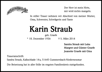 Anzeige von Karin Straub von Kölner Stadt-Anzeiger / Kölnische Rundschau / Express