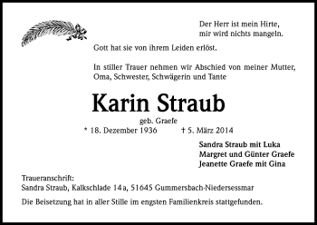 Anzeige von Karin Straub von Kölner Stadt-Anzeiger / Kölnische Rundschau / Express