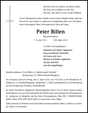 Anzeige von Peter Billen von Kölner Stadt-Anzeiger / Kölnische Rundschau / Express
