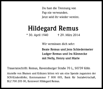 Anzeige von Hildegard Remus von Kölner Stadt-Anzeiger / Kölnische Rundschau / Express