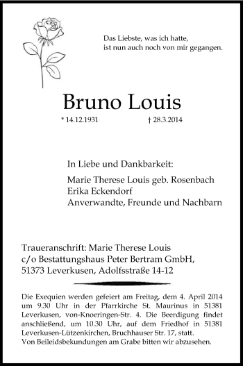 Anzeige von Bruno Louis von Kölner Stadt-Anzeiger / Kölnische Rundschau / Express