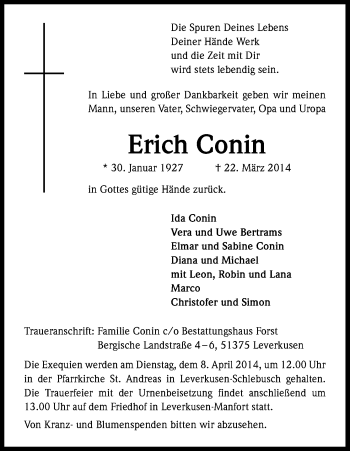 Anzeige von Erich Conin von Kölner Stadt-Anzeiger / Kölnische Rundschau / Express