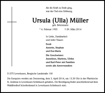 Anzeige von Ursula Müller von Kölner Stadt-Anzeiger / Kölnische Rundschau / Express