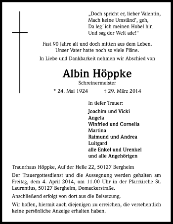Anzeige von Albin Höppke von Kölner Stadt-Anzeiger / Kölnische Rundschau / Express