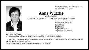 Anzeige von Anna Wutzke von Kölner Stadt-Anzeiger / Kölnische Rundschau / Express