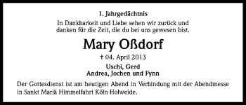 Anzeige von Mary Oßdorf von Kölner Stadt-Anzeiger / Kölnische Rundschau / Express