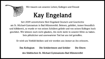 Anzeige von Kay Engeland von Kölner Stadt-Anzeiger / Kölnische Rundschau / Express