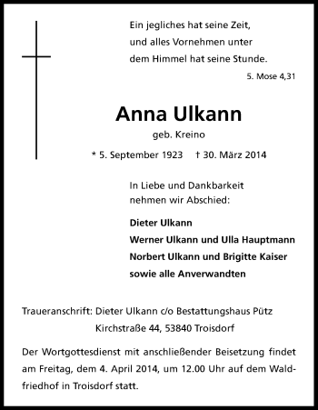 Anzeige von Anna Ulkann von Kölner Stadt-Anzeiger / Kölnische Rundschau / Express