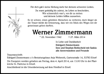 Anzeige von Werner Zimmermann von Kölner Stadt-Anzeiger / Kölnische Rundschau / Express