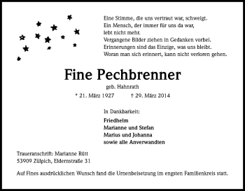 Anzeige von Fine Pechbrenner von Kölner Stadt-Anzeiger / Kölnische Rundschau / Express