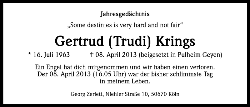 Traueranzeige für Gertrud Krings vom 08.04.2014 aus Kölner Stadt-Anzeiger / Kölnische Rundschau / Express