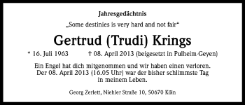 Anzeige von Gertrud Krings von Kölner Stadt-Anzeiger / Kölnische Rundschau / Express