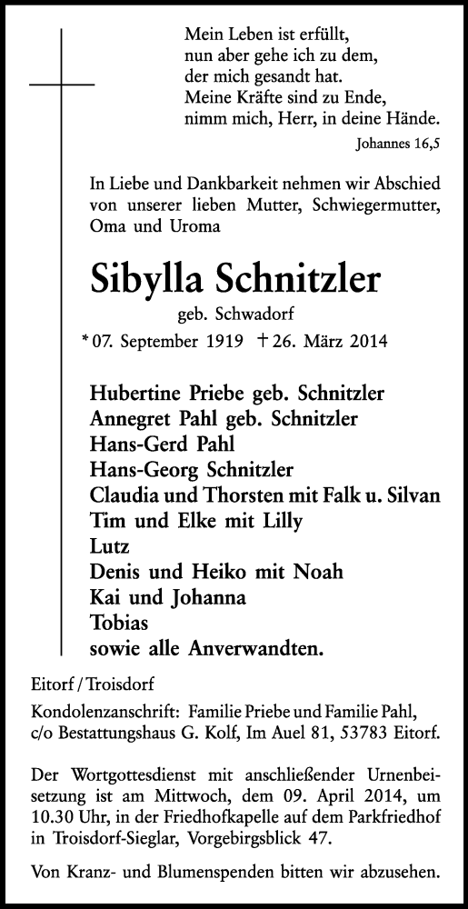  Traueranzeige für Sibylla Schnitzler vom 02.04.2014 aus Kölner Stadt-Anzeiger / Kölnische Rundschau / Express