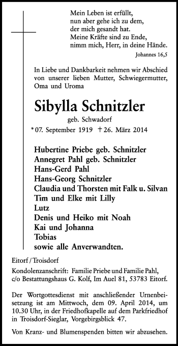 Anzeige von Sibylla Schnitzler von Kölner Stadt-Anzeiger / Kölnische Rundschau / Express