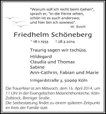 Anzeige von Friedhelm Schöneberg von Kölner Stadt-Anzeiger / Kölnische Rundschau / Express