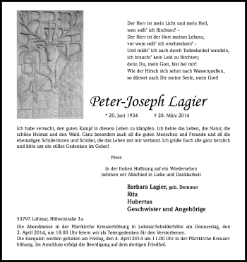 Anzeige von Peter-Joseph Lagier von Kölner Stadt-Anzeiger / Kölnische Rundschau / Express