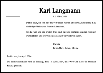 Anzeige von Karl Langmann von Kölner Stadt-Anzeiger / Kölnische Rundschau / Express