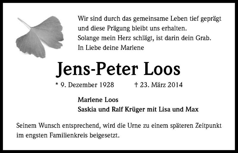  Traueranzeige für Jens-Peter Loos vom 02.04.2014 aus Kölner Stadt-Anzeiger / Kölnische Rundschau / Express