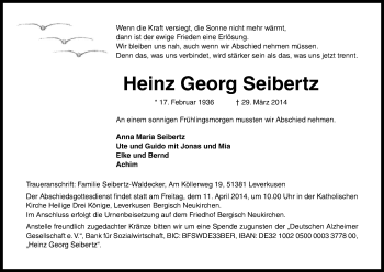 Anzeige von Heinz Georg Seibertz von Kölner Stadt-Anzeiger / Kölnische Rundschau / Express