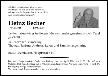 Anzeige von Heinz Becher von Kölner Stadt-Anzeiger / Kölnische Rundschau / Express