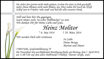 Anzeige von Heinz Molitor von Kölner Stadt-Anzeiger / Kölnische Rundschau / Express