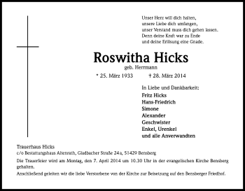Anzeige von Roswitha Hicks von Kölner Stadt-Anzeiger / Kölnische Rundschau / Express