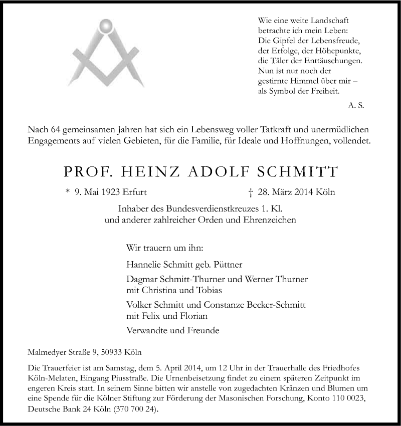  Traueranzeige für Heinz Adolf Prof. Schmitt vom 02.04.2014 aus Kölner Stadt-Anzeiger / Kölnische Rundschau / Express