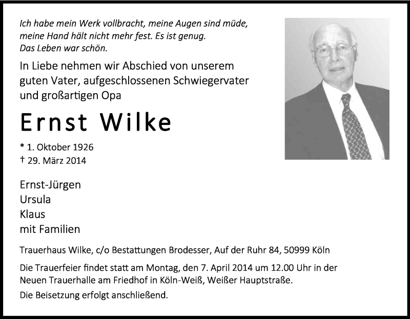  Traueranzeige für Ernst Wilke vom 02.04.2014 aus Kölner Stadt-Anzeiger / Kölnische Rundschau / Express