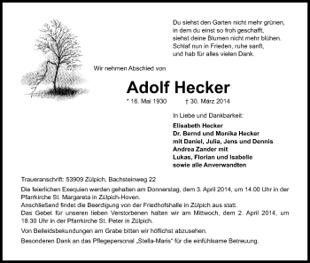 Anzeige von Adolf Hecker von Kölner Stadt-Anzeiger / Kölnische Rundschau / Express