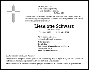Anzeige von Lieselotte Schwarz von Kölner Stadt-Anzeiger / Kölnische Rundschau / Express