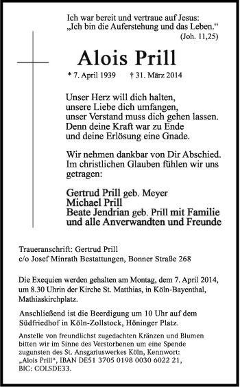 Anzeige von Alois Prill von Kölner Stadt-Anzeiger / Kölnische Rundschau / Express