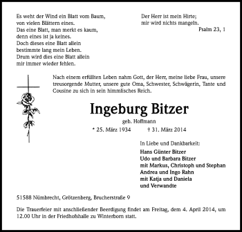 Anzeige von Ingeburg Bitzer von Kölner Stadt-Anzeiger / Kölnische Rundschau / Express