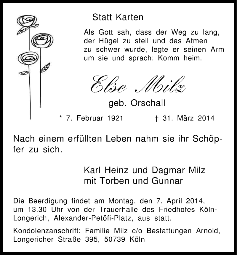  Traueranzeige für Else Milz vom 02.04.2014 aus Kölner Stadt-Anzeiger / Kölnische Rundschau / Express