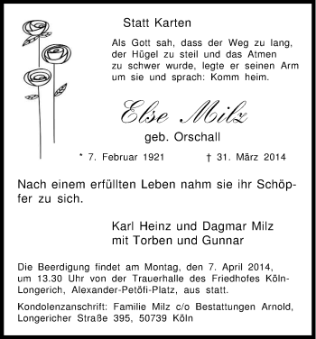 Anzeige von Else Milz von Kölner Stadt-Anzeiger / Kölnische Rundschau / Express