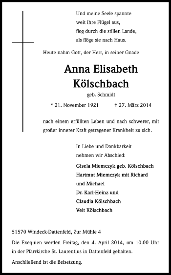 Anzeige von Anna Elisabeth von Kölner Stadt-Anzeiger / Kölnische Rundschau / Express