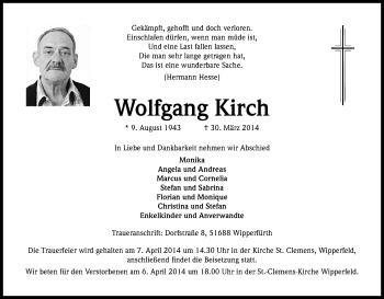 Anzeige von Wolfgang Kirch von Kölner Stadt-Anzeiger / Kölnische Rundschau / Express