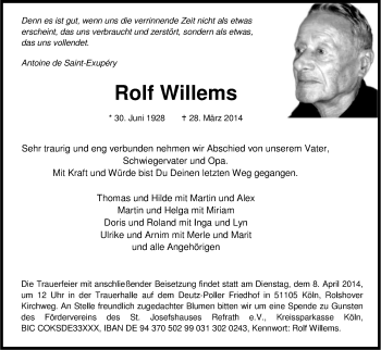 Anzeige von Rolf Willems von Kölner Stadt-Anzeiger / Kölnische Rundschau / Express