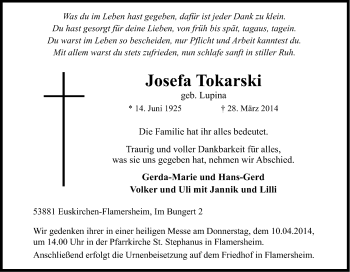 Anzeige von Josefa Tokarski von Kölner Stadt-Anzeiger / Kölnische Rundschau / Express