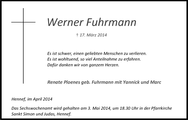  Traueranzeige für Werner Fuhrmann vom 02.04.2014 aus Kölner Stadt-Anzeiger / Kölnische Rundschau / Express