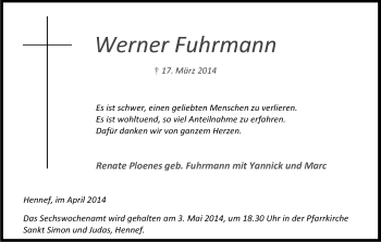 Anzeige von Werner Fuhrmann von Kölner Stadt-Anzeiger / Kölnische Rundschau / Express