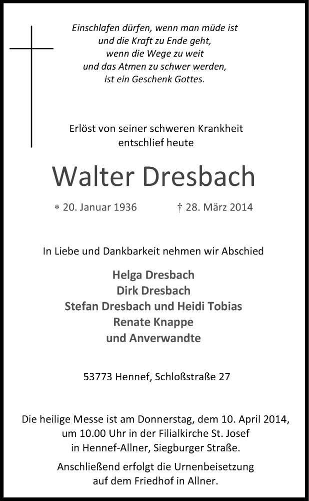  Traueranzeige für Walter Dresbach vom 02.04.2014 aus Kölner Stadt-Anzeiger / Kölnische Rundschau / Express