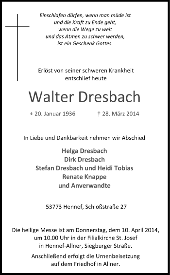 Anzeige von Walter Dresbach von Kölner Stadt-Anzeiger / Kölnische Rundschau / Express