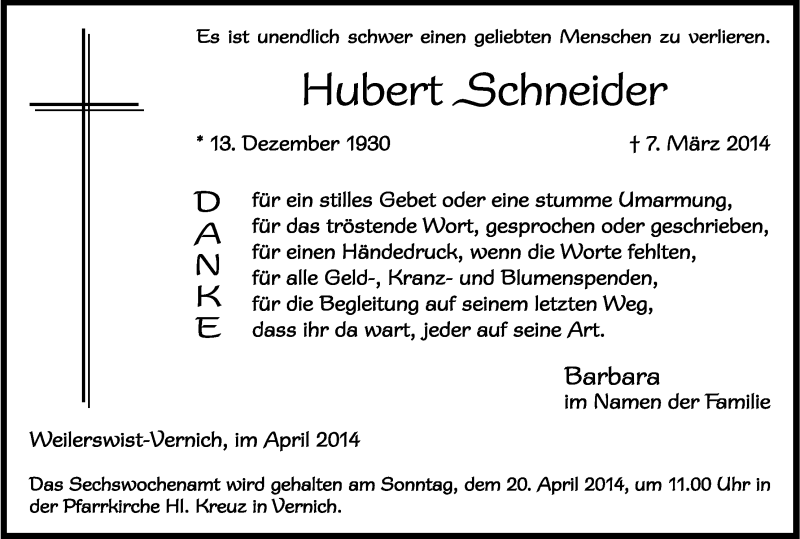  Traueranzeige für Hubert Schneider vom 05.04.2014 aus Kölner Stadt-Anzeiger / Kölnische Rundschau / Express